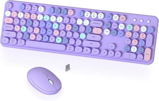 Colorful Wireless Keyboard and Mouse Combo, COVEVA 2.4GHz Wireless Retro Cute Round Keycaps Keyboard, 104 Keys Full-Sized Keyboard Mouse Set with Switch Button for PC Laptop Desktop (Purple Colorful)