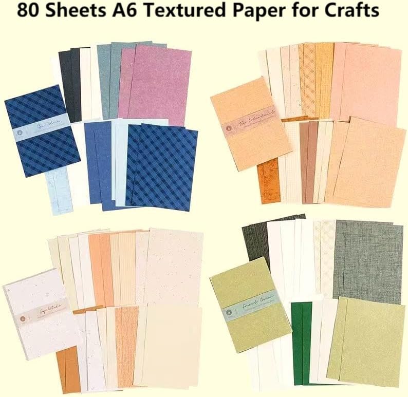 80 Sheets Textured Scrapbook Paper Packs, Assorted Color 120gsm Collage Paper Craft for Art, Scrapbooking, Junk Journals, Card Making, Mixed Media, Journaling, A6 Size