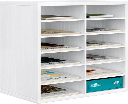 PAG Countertop Mail Sorter Organizer, Wooden Literature Organizer, Student Mailbox for Classroom, Desktop Bill Organizer for Office Home School, 12 Compartments, White
