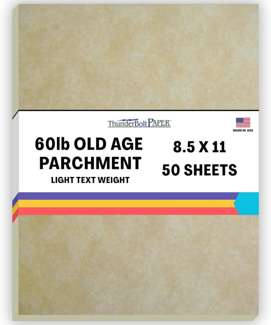50 Old Age Parchment 60# Text (=24# Bond) Paper Sheets - 8.5 X 11 Inches Standard Letter|Flyer Size - 60 Pound is Not Card Weight - Vintage Colored Old Parchment Semblance