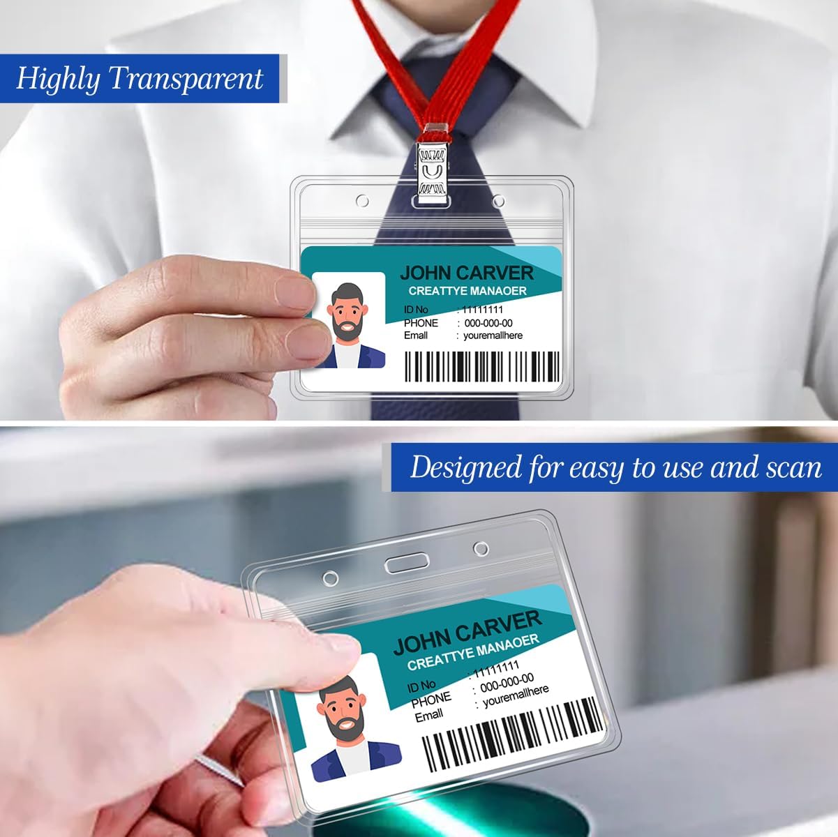 100 Pcs Clear Horizontal Badge Id Card and 100 Pcs Lanyard, Reusable Lanyards for Id Badge Holder Name Tag Badge Holder with Lanyards for Adults Kids Business School Conferences (Red)