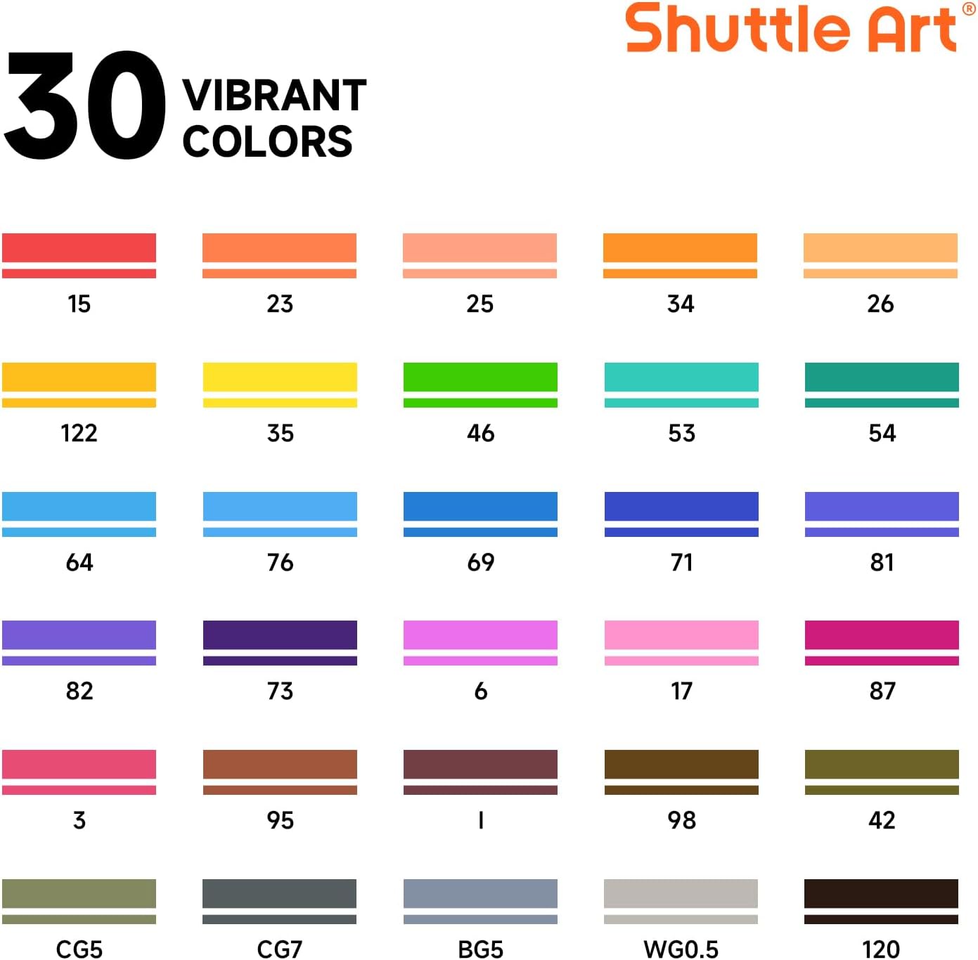 Shuttle Art 30 Colors Dual Tip Art Markers Permanent Marker Pens Highlighters Perfect for Illustration Adult Coloring Sketching and Card Making