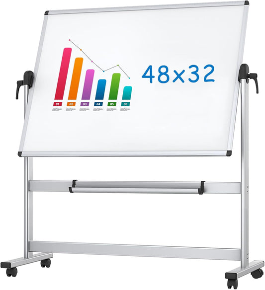VIZ-PRO Double-Sided Magnetic Mobile Whiteboard, 48 x 32 Inches, Aluminium Frame and Stand