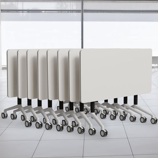 Folding Conference Table, Modern Conference Room Tables with Flip-Top Design, Foldable Conference Table Meeting Table with Wheels, Mobile Seminar Training Tables for Office Classroom (8, White 2)