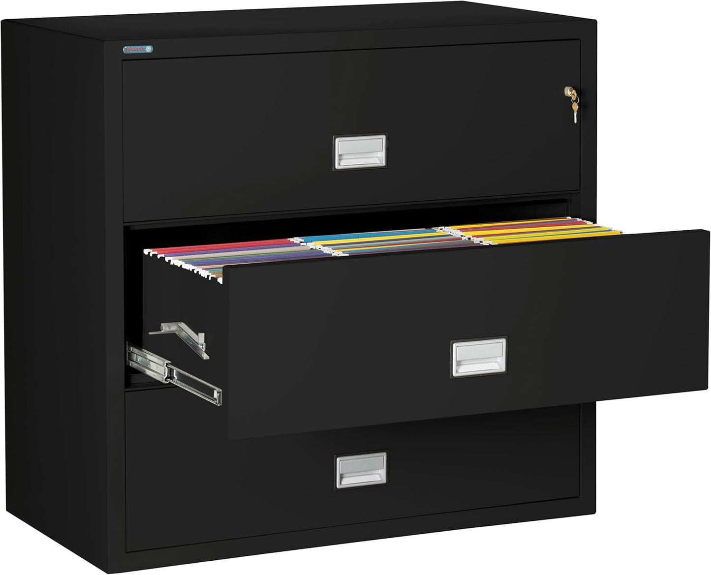 44 inch Wide 3-Drawer Lateral Fireproof File Cabinet – Legal and Letter Size Filing – Key Lock – Water Resistant – Fire Safe and Impact Rated – Black Finish – Model LAT3W44B