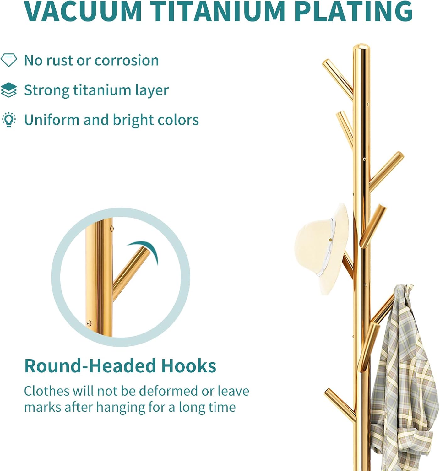 Coat Rack with Natural Marble Base, Solid Stainless Steel Coat Racks Freestanding, Coat Rack Stand with 8 Hooks, Coat Tree Hats Hanger for Entryway, Hallway (Golden)