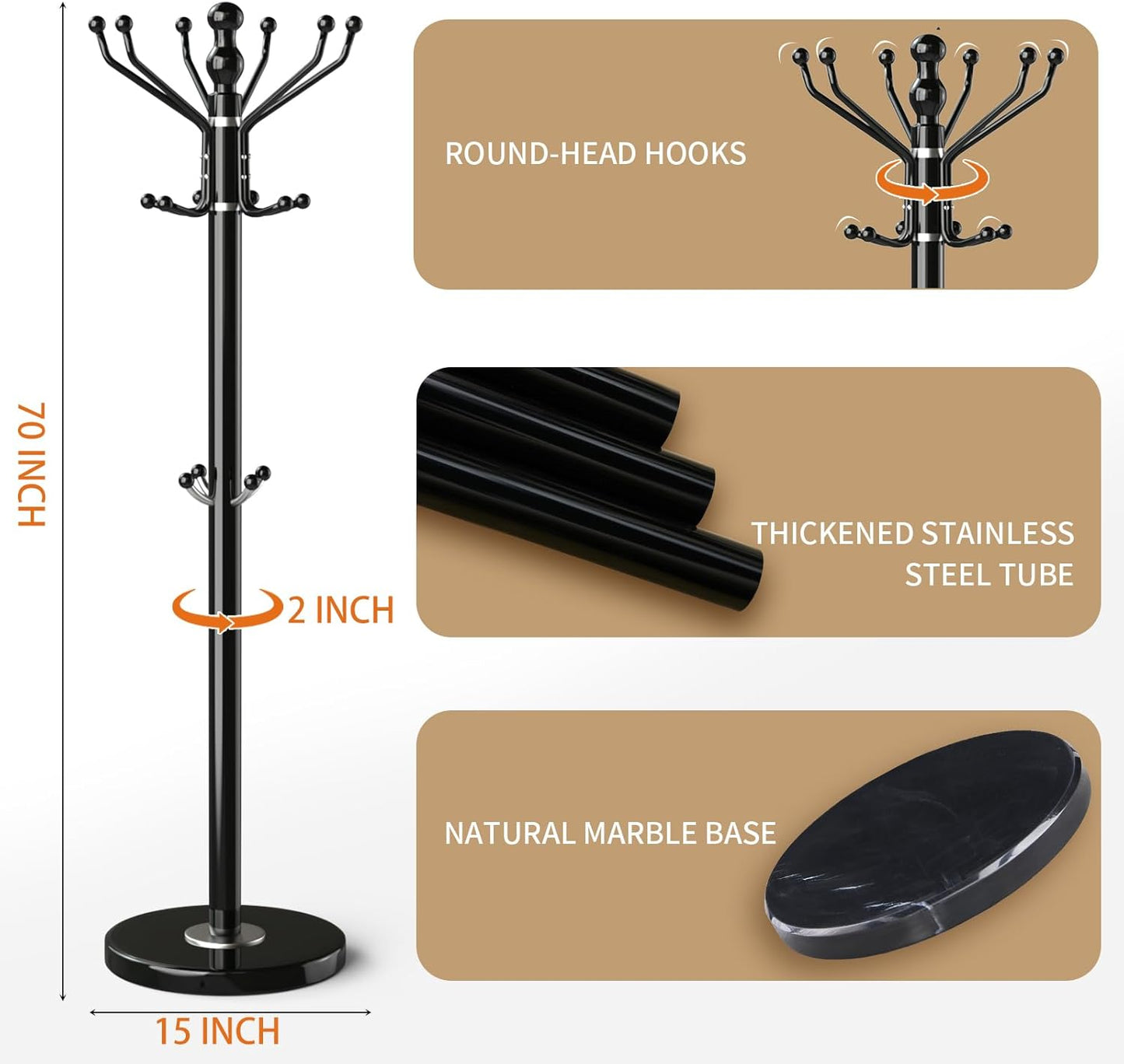 Metal Modern Coat Rack Stand, Sturdy Freestanding Coat Rack with Natural Marble Base, Coat Racks and Coat Hall Tree Hanger Stand for Entryway, Hallway, Office (16 Hooks-Black)