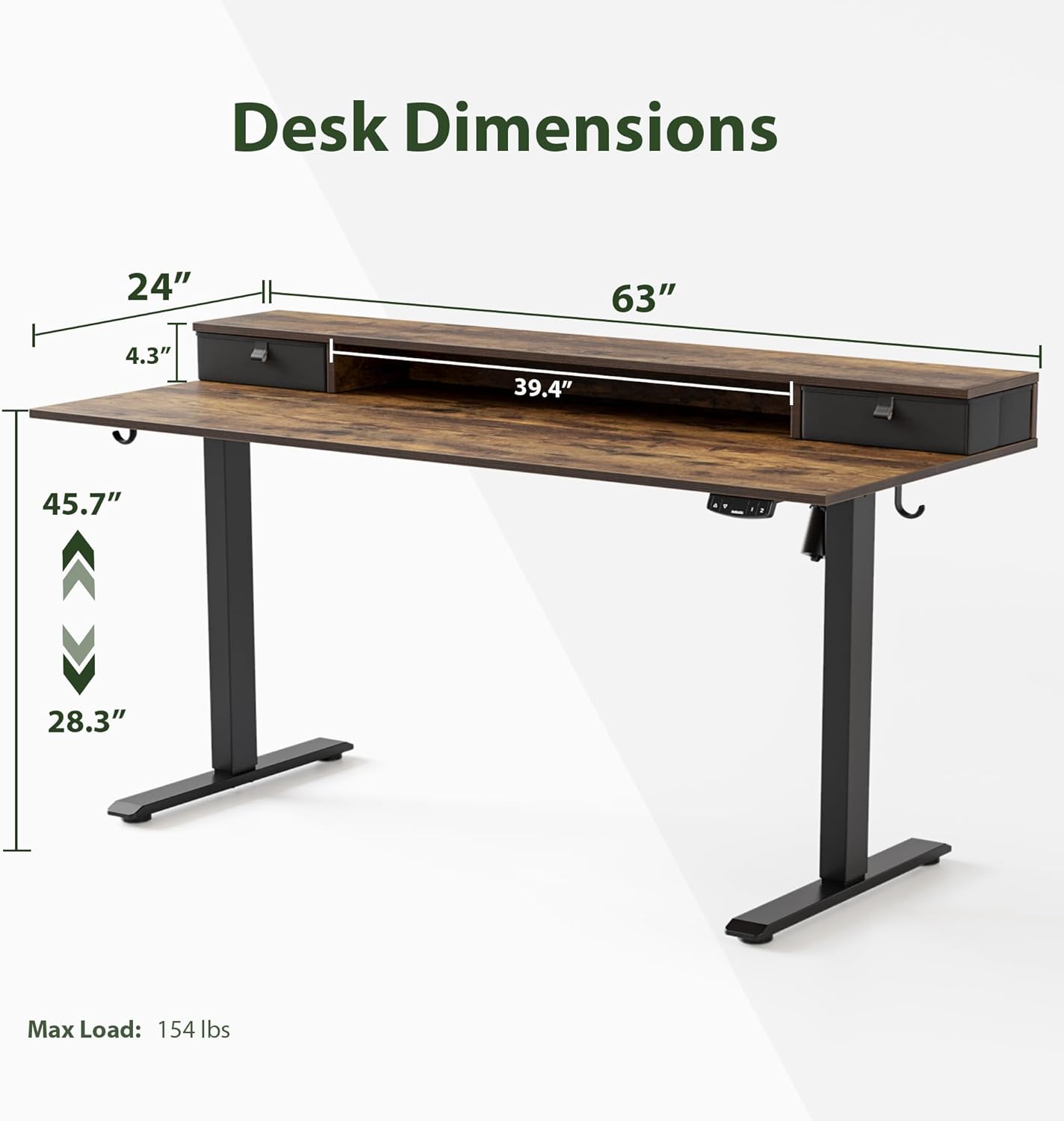 Agilestic 63 x 24 Inches Height Adjustable Electric Standing Desk with 2 Drawers, Stand Up Electric Desk Adjustable Height, Sit Stand Computer Gaming Table with Splice Board, Rustic Brown