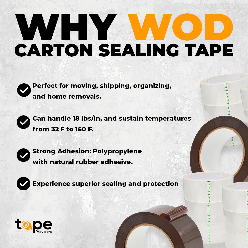 WOD CST20WBA Tan Packing Tape - 2" in. x 60 Yards Per Roll (36 Rolls) - Strong Heavy-Duty Industrial Shipping Box Packaging Tape for Moving, Office, & Storage