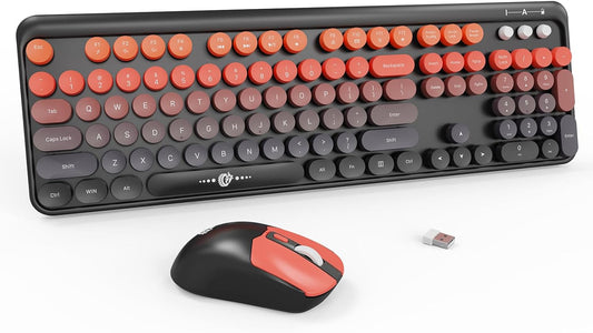 FD Wireless Keyboard and Mouse Combo | Cute Colorful Keyboard and Mouse with 2.4GHz Cordless Retro Typewriter Keyboard | Auto-Sleep | USB Receiver for Windows PC/Laptop - Black Orange Gradient