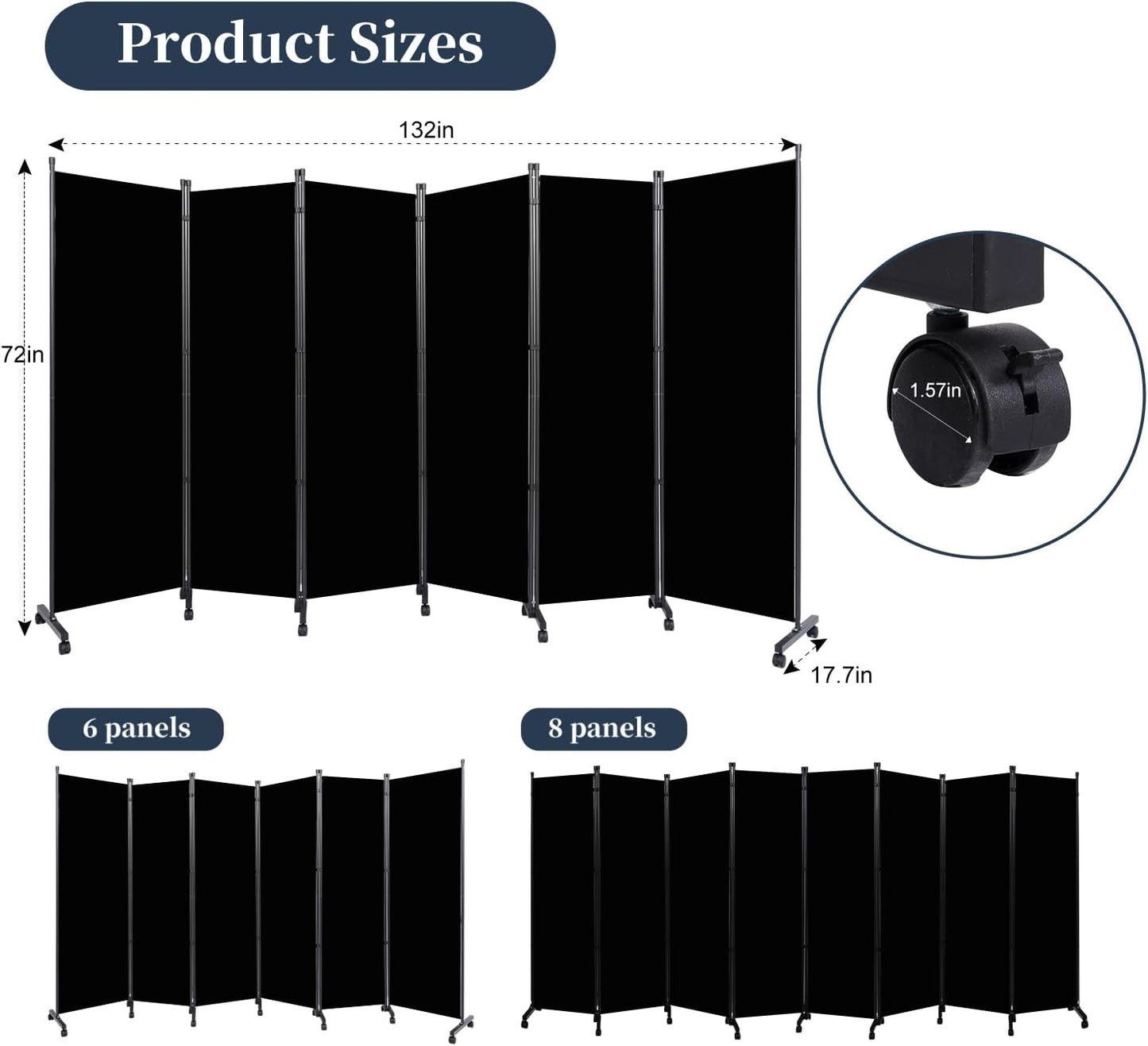 Room Divider Folding Privacy Screens with Lockable Wheels, 132'' Partition Room Dividers Freestanding Room Divider Fabric Panel for Room Separation, Wall Divider for Home Office Bedroom Dorm Decor