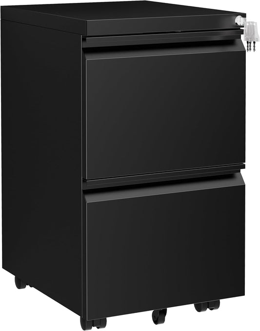 Metal Mobile File Cabinet with Lock and 4 Keys - Fully Assembled, Under Office Desk 2 Drawers Filing Cabinet for Home Office with Anti-tilt Wheels, A4/Legal/Letter Hanging File Drawers