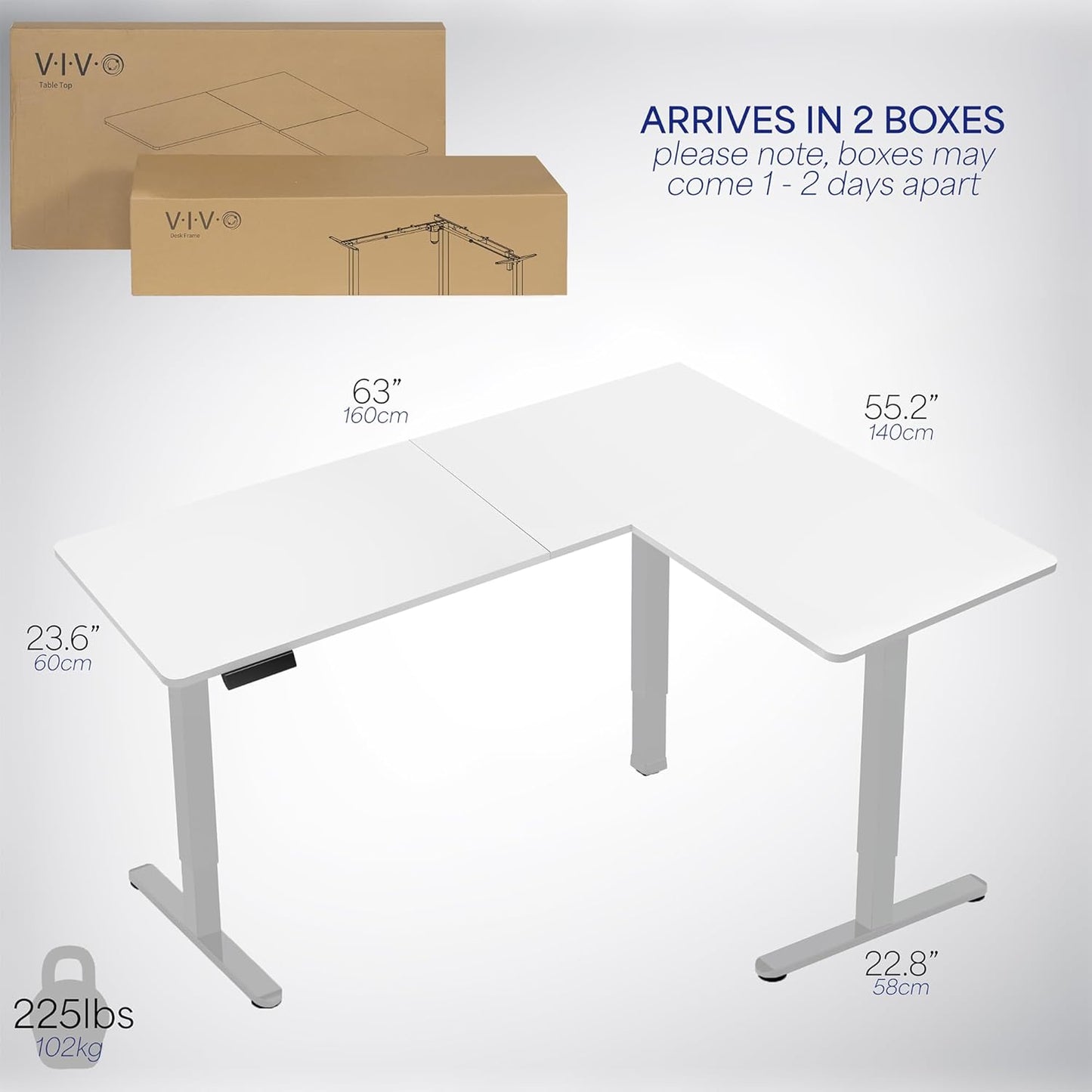 VIVO Electric Corner L-Shaped 63 x 55 in Standing Desk, Memory Height Adjustment, White Top Gray Frame, DESK-E3CTGW