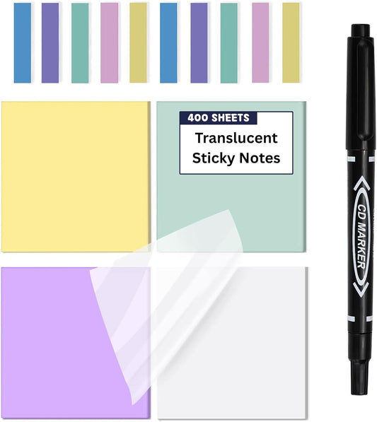 400 Sheets Transparent Sticky Notes, 3x3 inch Clear Sticky Notes Set, See Through Notes for Annotation, Index Labels, Translucent Notes with Pen for Office School (Assorted Colors)