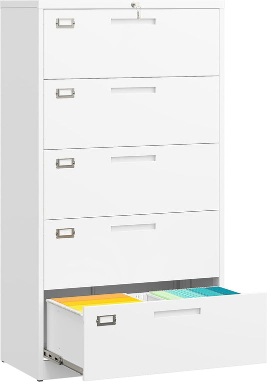 SISESOL 5 Drawer Lateral File Cabinet with Lock,White Lateral Filing Cabinet,Horizontal Metal Filing Cabinets,Large Locked Wide Five Drawer File Cabinets for Office Home,Fit A4/F4/Letter/Legal File