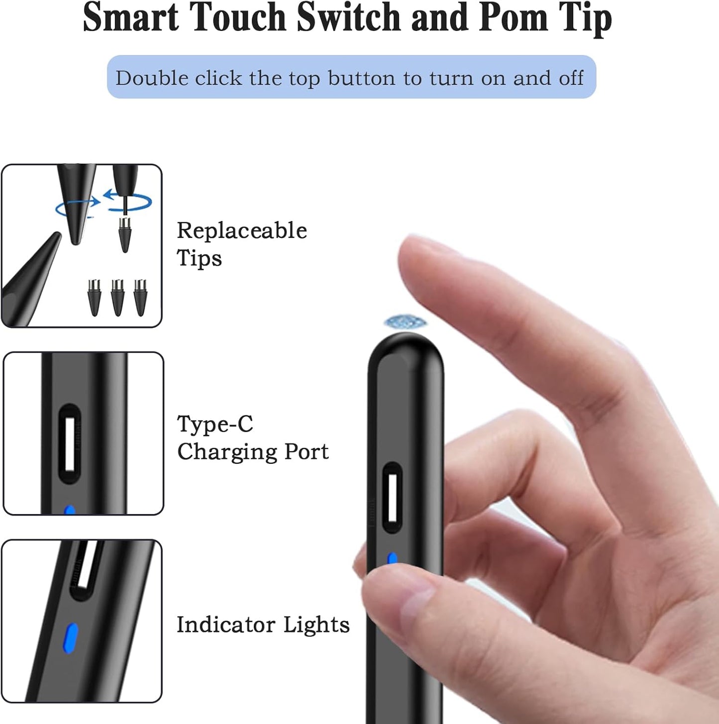 Stylus Pen for Android Tablet, Pom Tip Tablet Pencil for iOS/Android,Rechargeable Active Stylus Pen for iPhone/Samsung/XiaoMi/Huawei/Vivo/Lenovo/Pixel and Other Android Smartphones and Tablets-Black