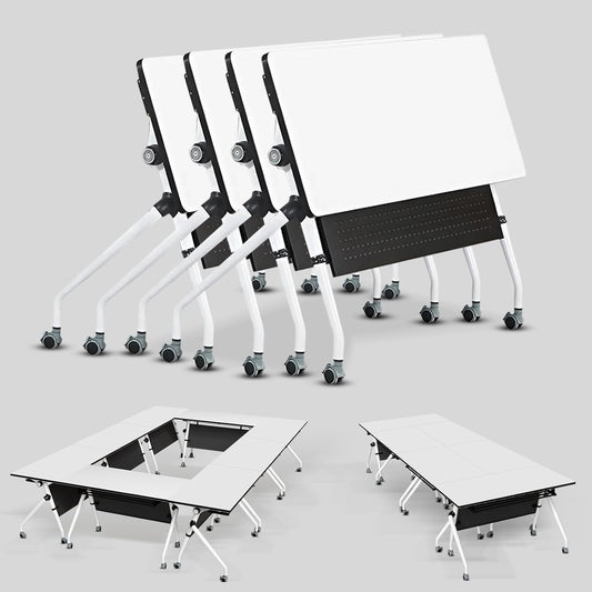 Conference Table, Folding Conference Room Tables, Mobile Training Tables with Silent Wheels, Large Rectangular Modular Seminar Table Office Computer Desks for Classroom White (4Pack L55.1in)