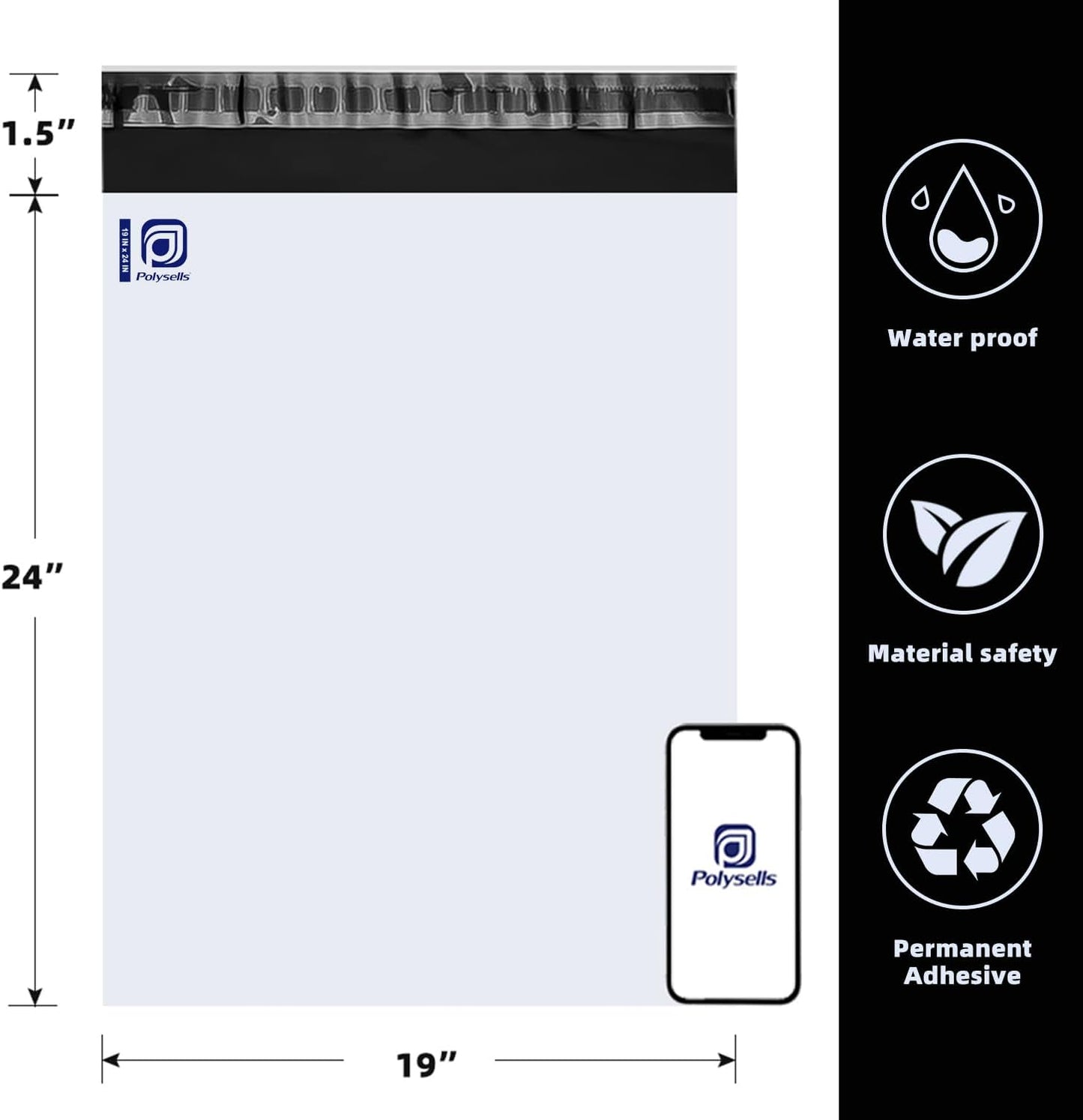 POLYSELLS 300 19x24 Inch White Pack Large Poly Mailers Shipping Envelopes, Strong Adhesive Sealing, Waterproof, and Tear-resistant Postal Mailing Bags for Clothing, and Accessories