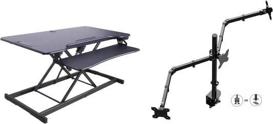 Rocelco 46" Electric Standing Desk Converter with AC Outlet USB Charger and Triple Monitor Arm Mount - Motorized Adjustable Sit Stand Riser - Tabletop Workstation Keyboard Tray - Black (R EDRB-46-DM3)