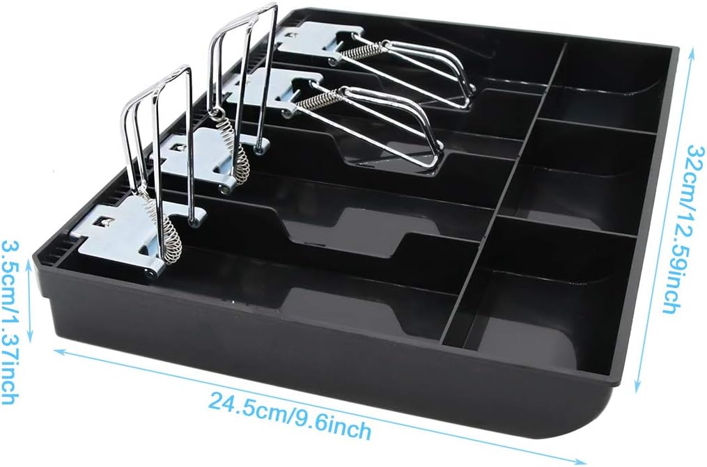 Cash Register Drawer Insert Tray 4 Bill/3 Coin Compartments with Metal Clip for Money Storage, Black