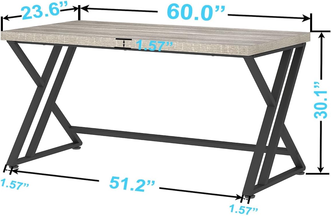 LVB Large Home Office Desk, Long Industrial Computer Desk, Metal Wood Writing Study Computer Table for Student, Big Modern Executive Simple Gaming Work Desk for Bedroom, Light Grey, 60 Inch