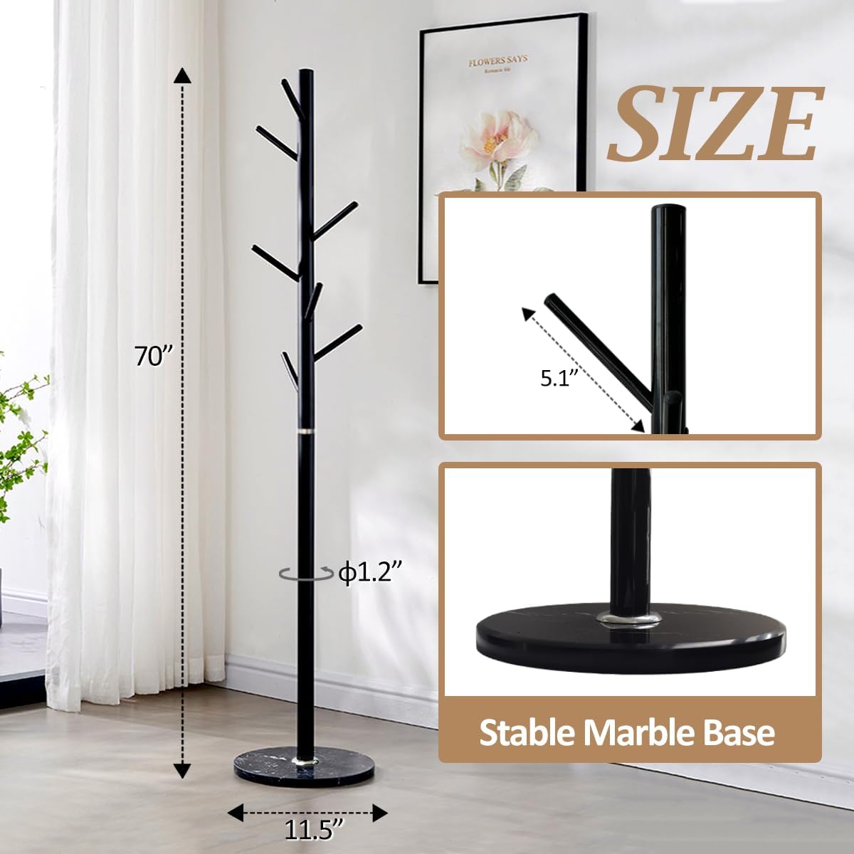 Kertnic Modern Coat Rack Freestanding with Natural Marble Base & Sturdy Metal Frame, 7 Hooks Hall Tree for Jackets, Hats, Bags, Entryway Organizer for Bedroom, Living Room, Closet (7 hooks-Black)
