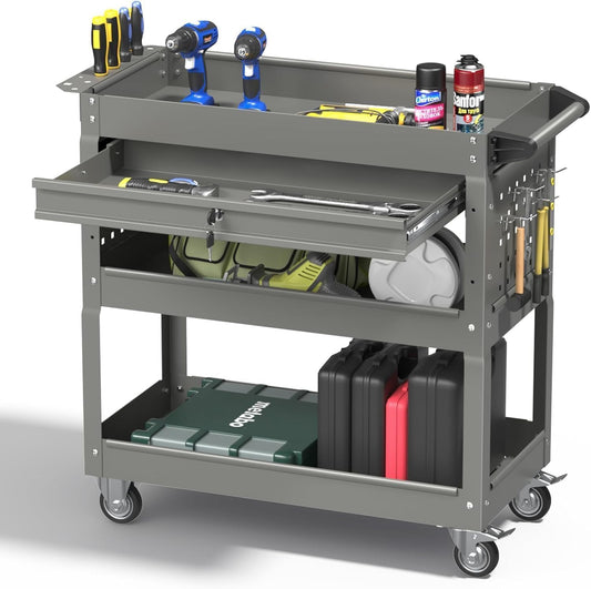 3 Tray Rolling Tool Cart, 400 LBS Capacity Mechanic Tool Carts on Wheels, Heavy Duty Utility Cart with Drawers, Metal Work Cart for Garage, Warehouse and Repair Shop, Grey