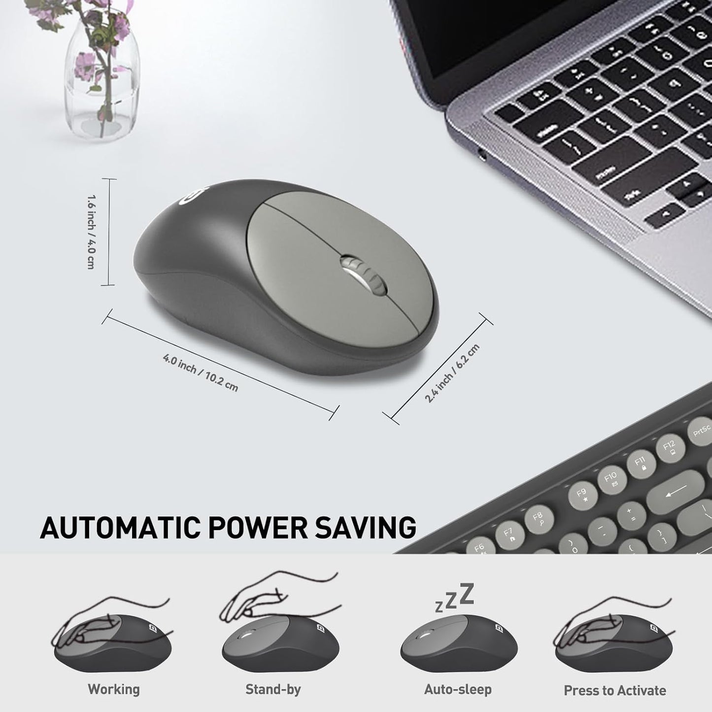 FD Wireless Keyboard and Mouse Combo - 2.4G Full-Sized Cute Colorful Mouse and Keyboard with 104 Round Keys Retro Typewriter Keyboards for Laptop/Windows/PC - Grey Gradient