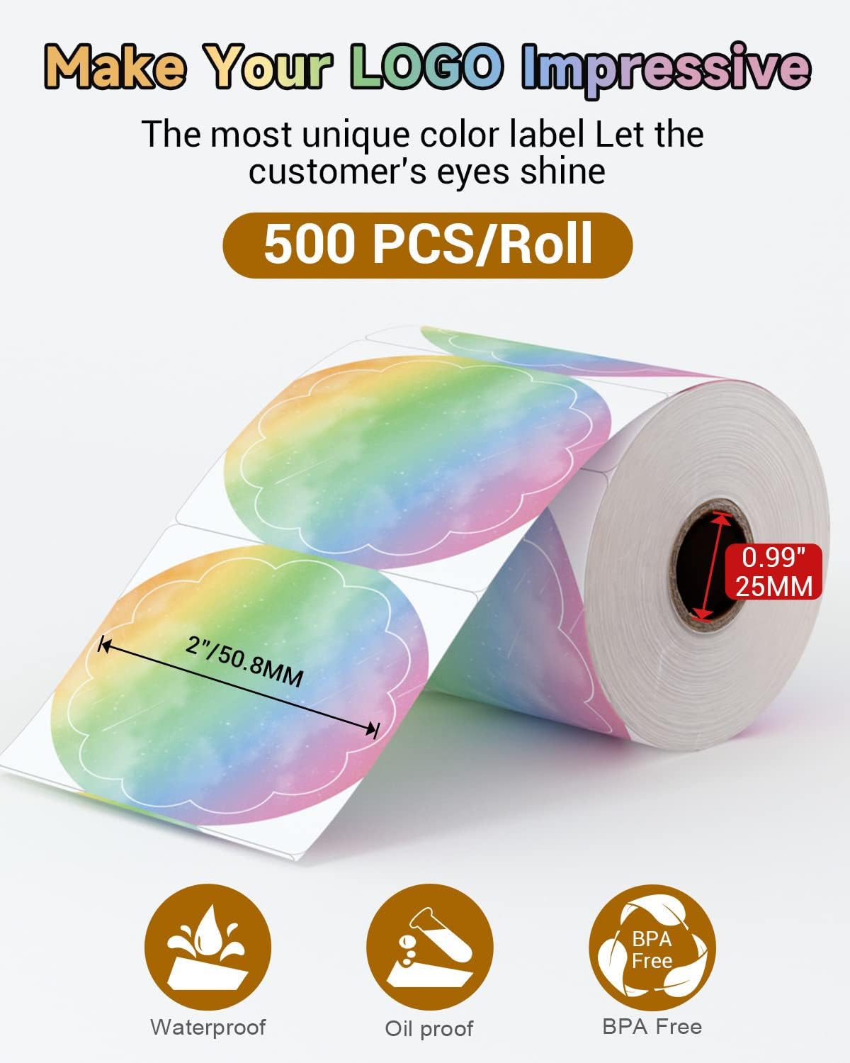 Phomemo Rainbow 2" Color Thermal Labels Roll for 4X6 Thermal Printer for Small Business Supplies, Commercial Grade Thermal Labels for Custom Stickers Personalized & Business Logo, 500pcs / Roll