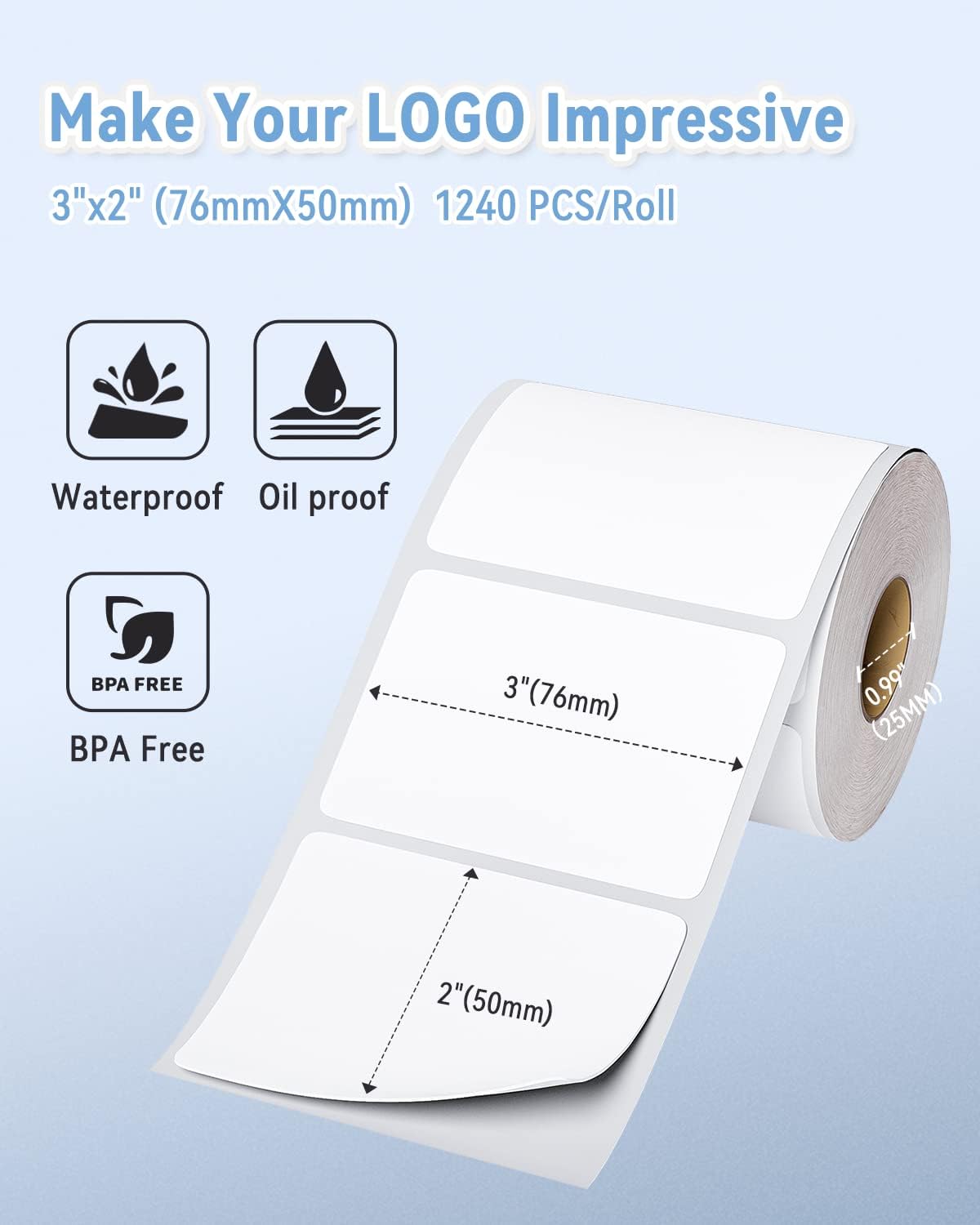 Phomemo 3"x2" Thermal Labels Roll - 1240 PCS Label Stickers for Small Business Supplies - Commercial Grade Logo Stickers for Business Customized - Waterproof Shipping Labels for Thermal Printer