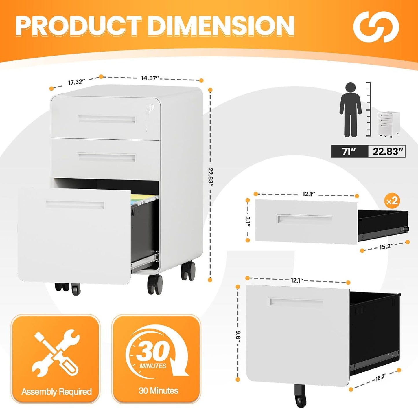 3 Drawer File Cabinet, Fully Assembled Mobile File Cabinets with Lock for Home Office, Metal Rolling Filing Caninet on Wheels, Three Drawer Under Desk Cabnet for Letter/Legal / A4 - White