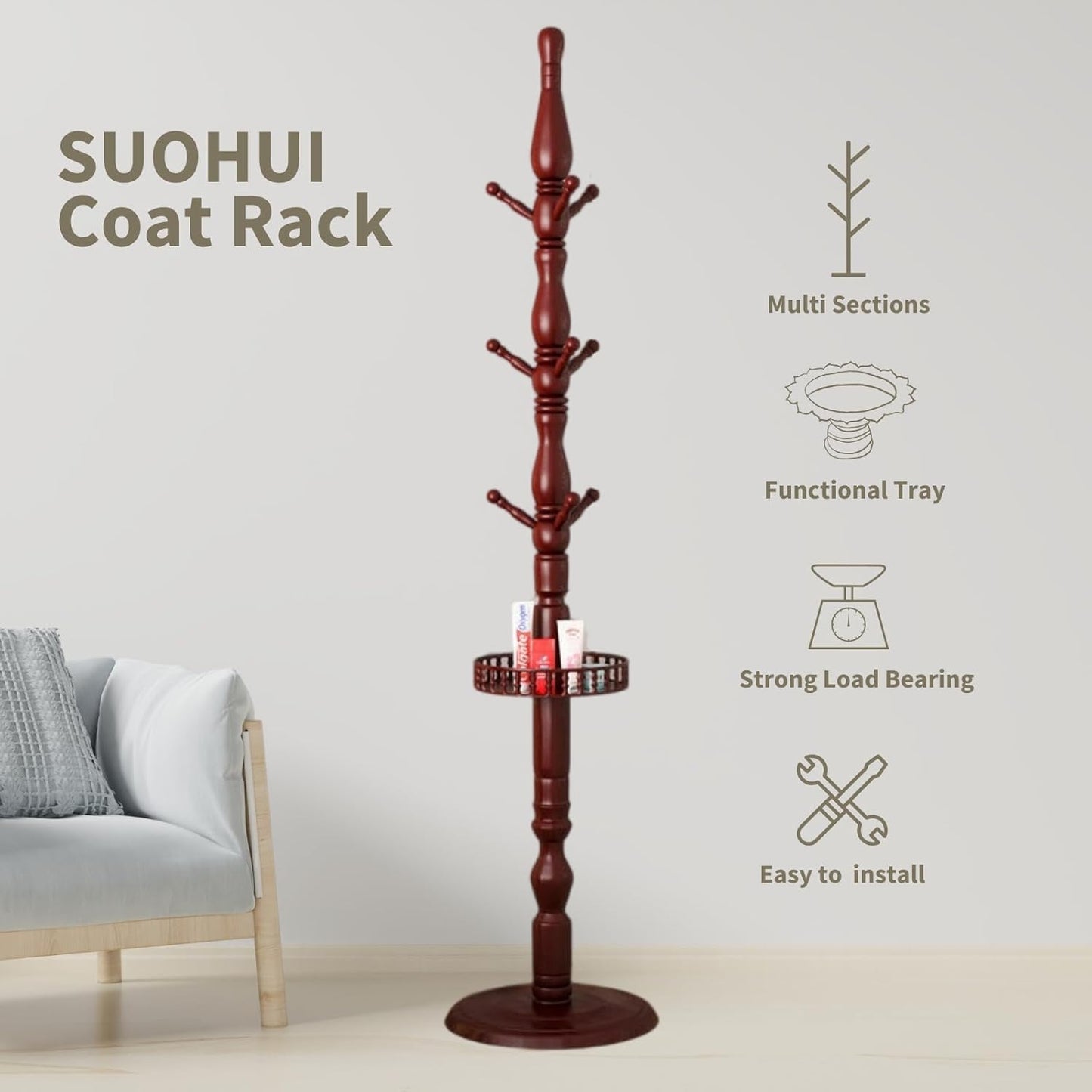 Coat Rack, Birch Wooden Hall Tree Coat Rack Free Standing with 9 Hooks, Wooden Round Base，Coat Tree for Home/Office/Entryway/Hallway （Dark Red ）