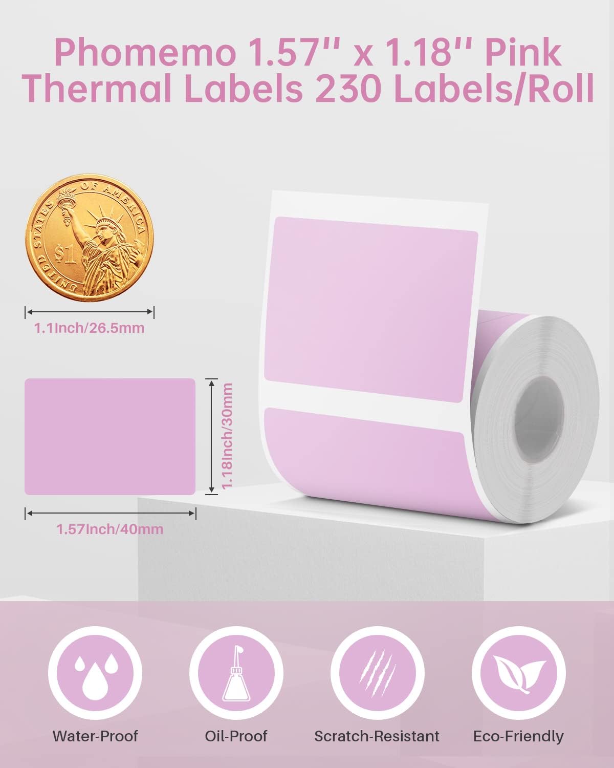 Phomemo M220 Labels,3 Roll Pink Labels for M220 M110 M108 M250 M260 M221 M200 M120 M150 Label Maker,1.57'' x 1.18''(40 x 30mm) Sticker Label for Barcode,Name,Home,Office,School