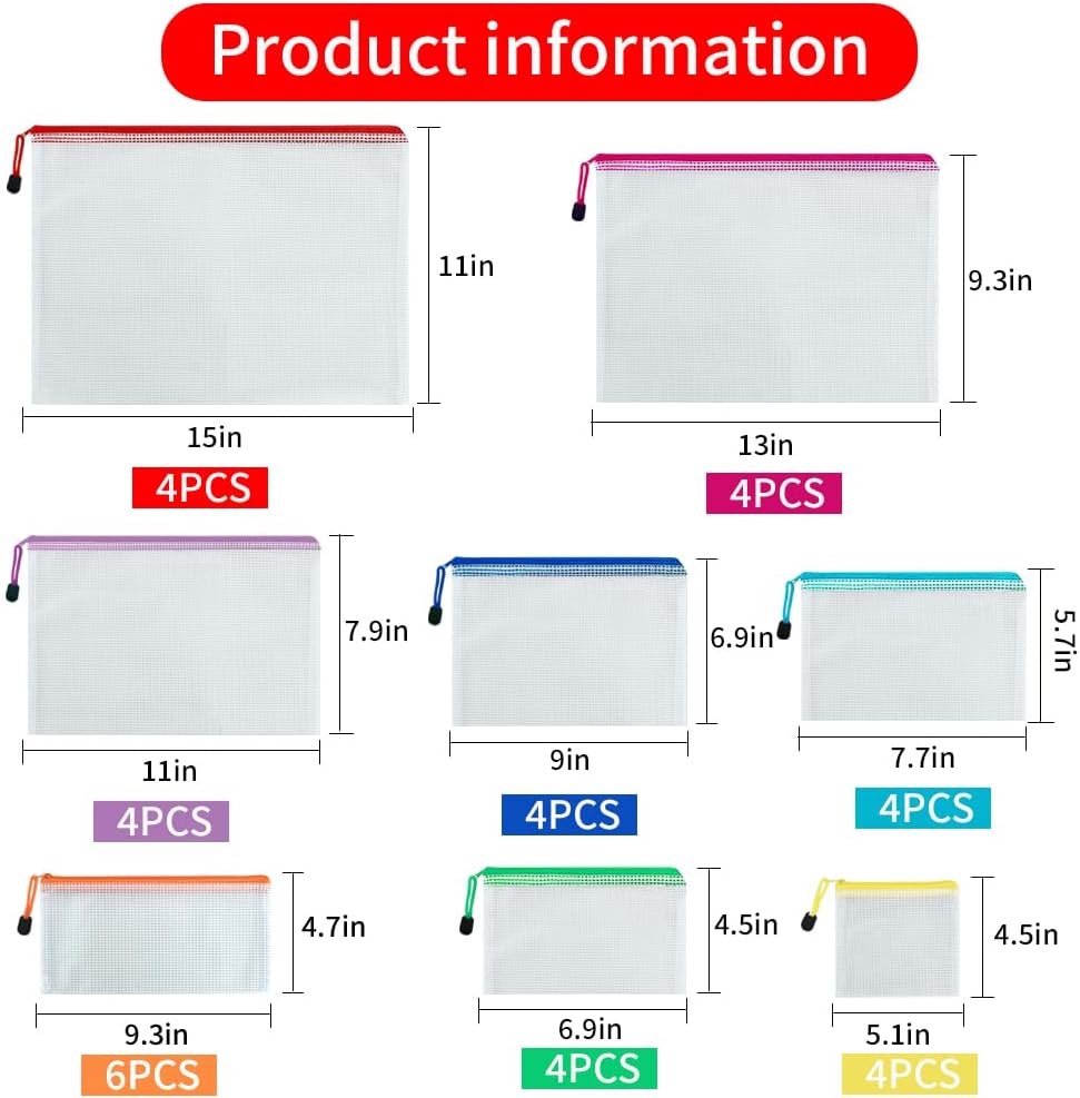 Vuzvuv 34pcs Mesh Zipper Pouch Set ，8 Sizes Plastic Document Pouch with Label Stickers,8 Colors Waterproof Document Mesh Bags for File, Makeup, Board Game School Office Home Travel Storage