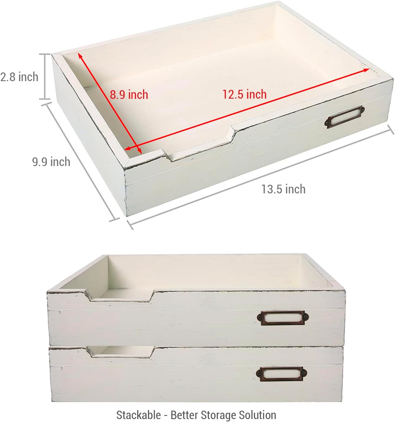 MyGift Rustic Wood Desktop Drawer-Style Stackable Document Letter Tray Organizer Storage Box with Handles for Home Office Supplies (Vintage White)