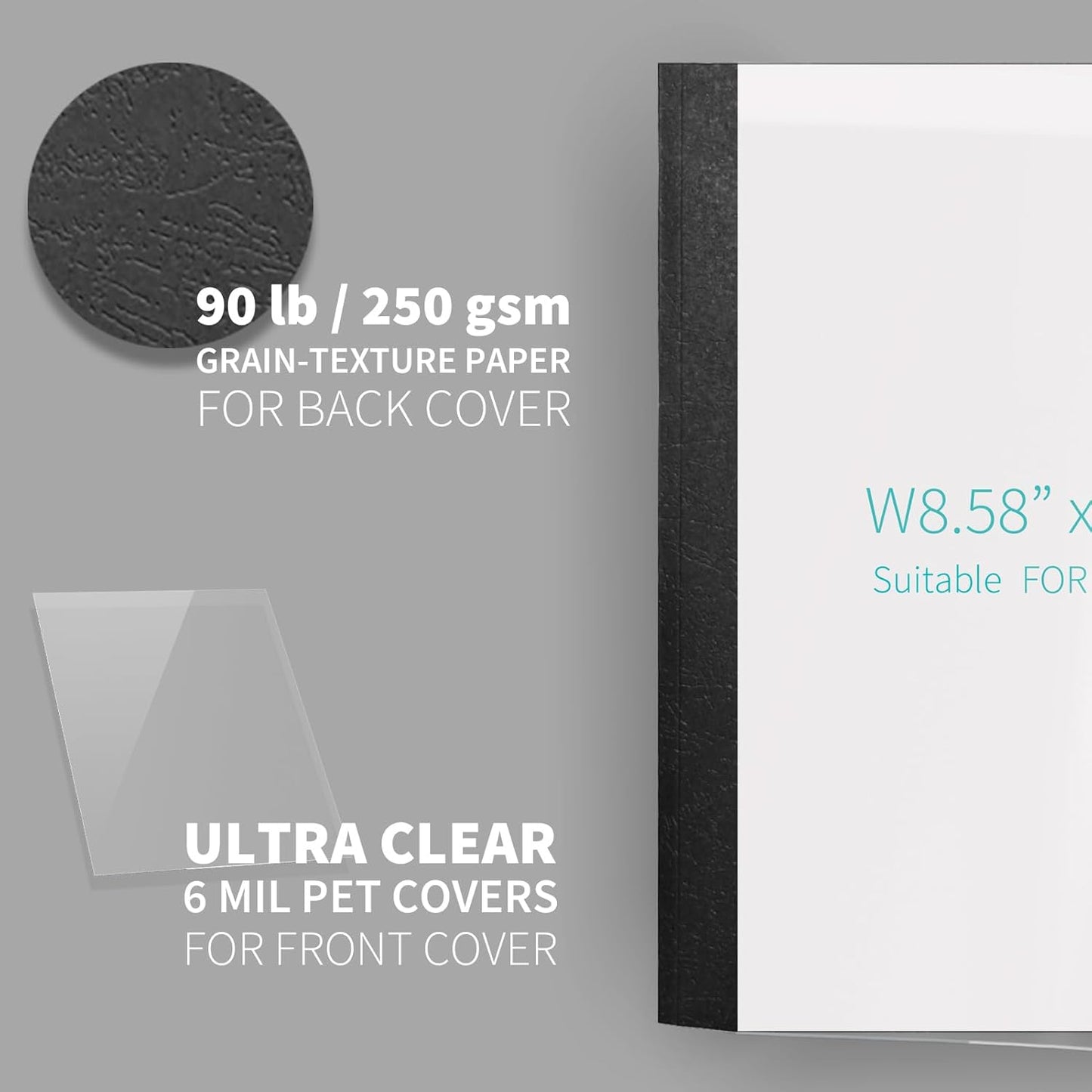 Binditek 10 Pack Thermal Binding Presentation Covers, 1 Inch Spine, Holds 220 Sheets, Ultra Clear Front Cover, Black Paper Back Cover, Letter Size, for Students and Coworkers