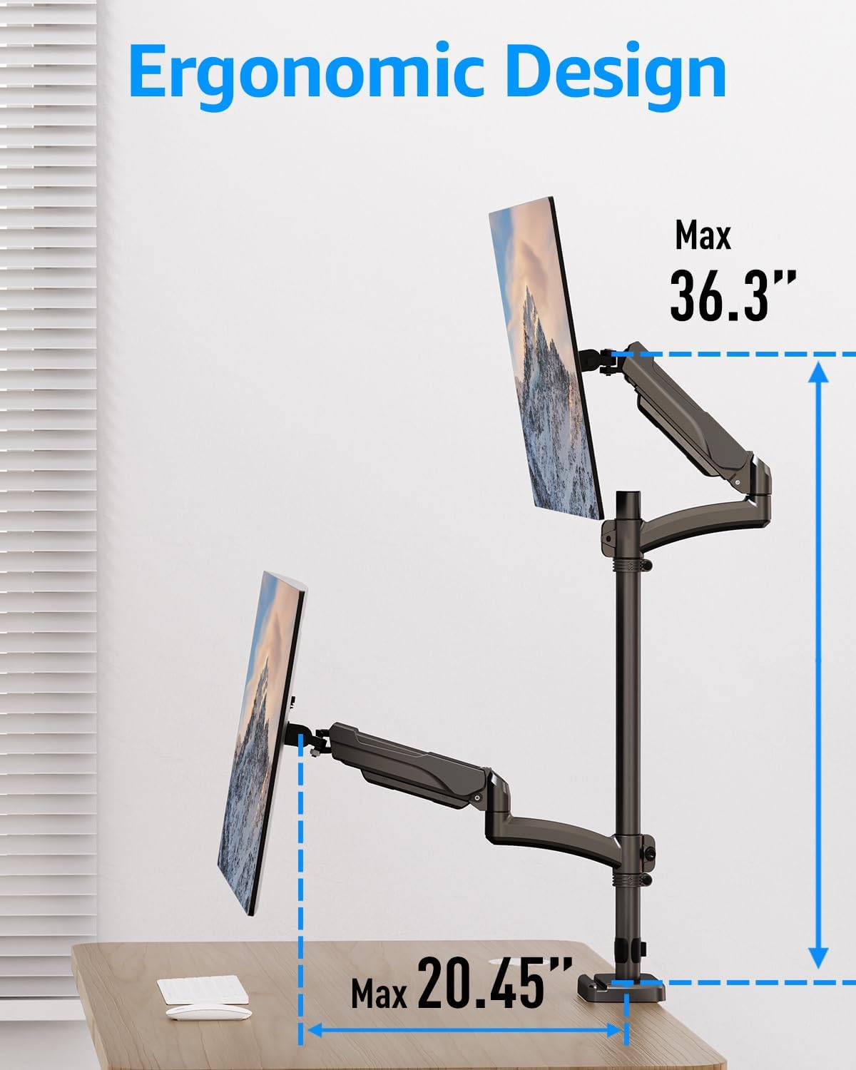 MOUNTUP Vertical Dual Monitor Mount Holds 4.4-17.6lbs, up to 32 Inch Stacked Monitor Mount with Gas Spring Arm with Clamp/Grommet Base Dual Monitor Stand for Desk, VESA 75x75/100x100 MU6012A