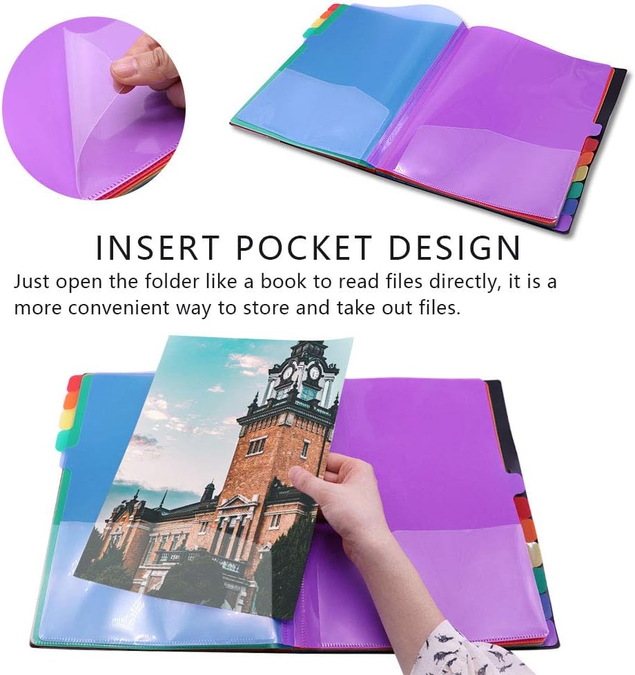 Rainbow Tab Expanding File Folder - 24 Pockets, Durable A4 Letter Size Organizer, Water-Resistant Plastic Dividers, Home/Office/School Document Holder (Black)