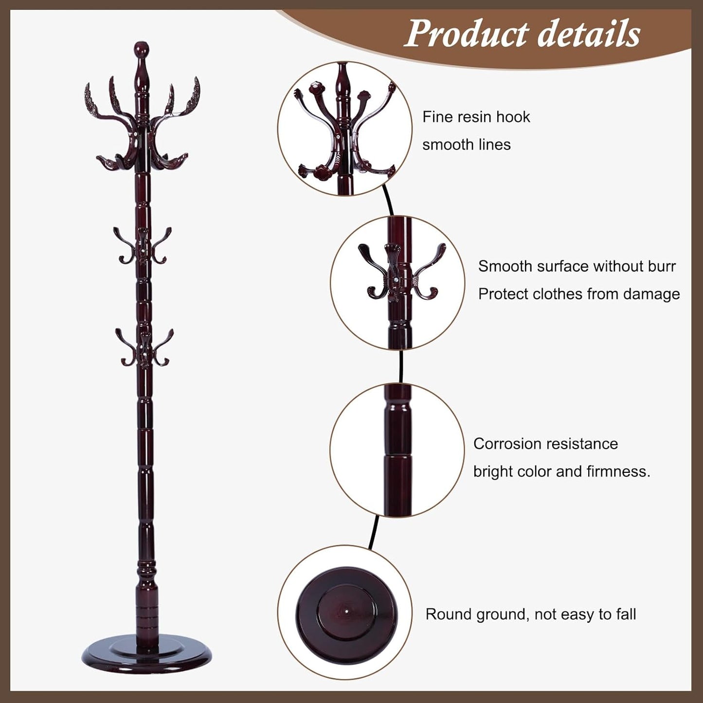 Wooden Coat Rack Freestanding, Vintage Coat Racks with Sturdy Round Base, Adjustable Height 37.40"-72.83" Entrance Coat Rack for Bedroom Living Room Entryway (Solid Wood Fenghuang Gou)