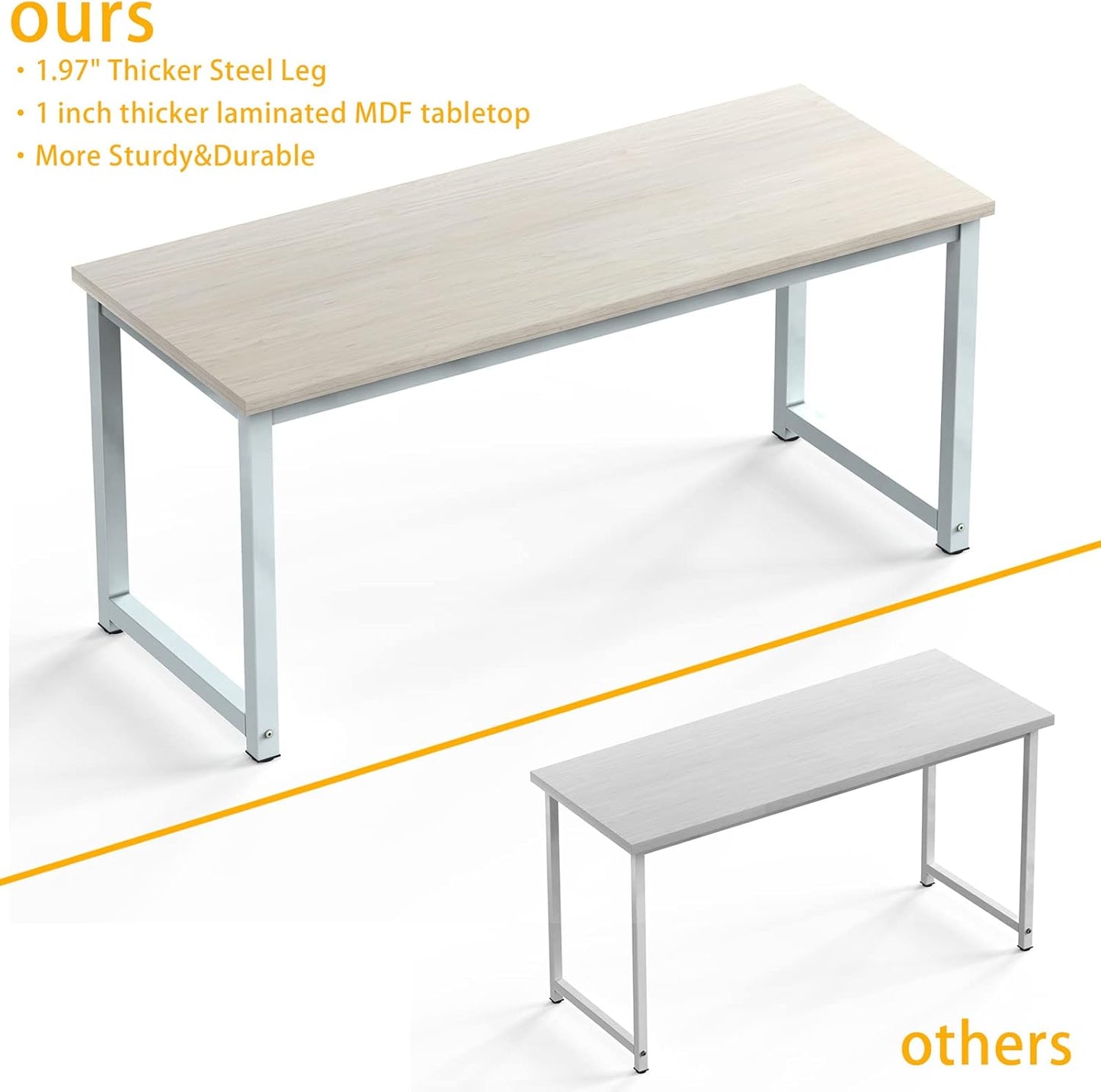 NSdirect Large Office Desk for Home Office, Large 63" Computer Desk Table, Wide Writing Study Desk for 2 Person, Metal Sturdy Frame Thicker Steel Legs, (White Oak, 63"L x 23.6"W x 29.5"H)