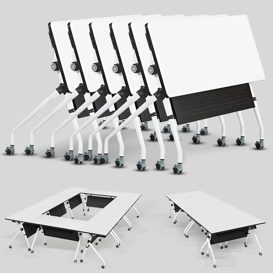 Conference Table, Folding Conference Room Tables, Mobile Training Tables with Silent Wheels, Large Rectangular Modular Seminar Table Office Computer Desks for Classroom White (6Pack L70.9in)