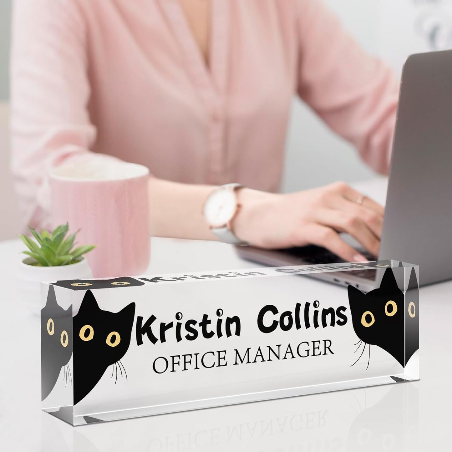 Custom Name Plate for Desk, Acrylic Office Decor For Women Men, Personalized Office Desk Accessories, Teacher Employee Appreciation Gifts For Social Worker Boss Coworkers (Cat)