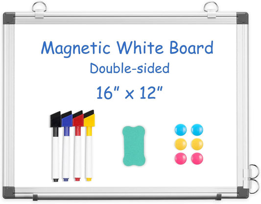 WALGLASS Double-Sided White Board, 16" x 12" Small Dry Erase Board Magnetic Whiteboard for Wall, Hanging Mounted Whiteboard Silver Aluminium Frame for Home, School, Office, Kitchen