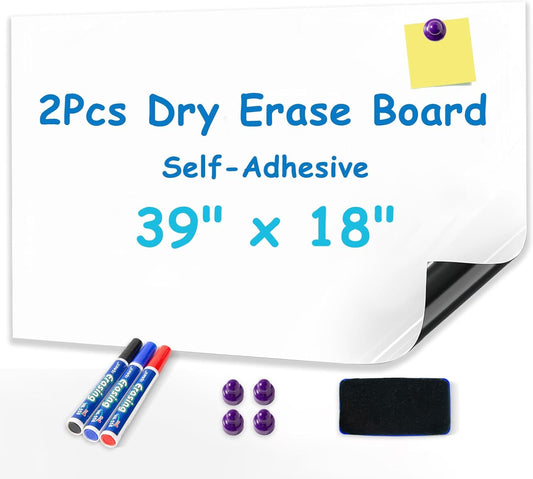 2-Pack, 39" x 18" Magnetic Whiteboard Contact Paper, Adhesive & No Ghosting Magnetic Dry Erase White Board Sticker for Wall Ideal for Playroom Home Office