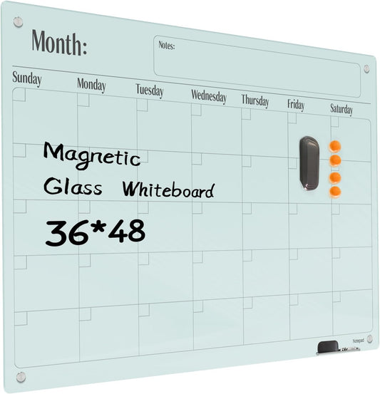 Magnetic Glass Dry Erase Board Calendar- White Board 48 x 36 Inch Wall Mounted Glass Monthly Whiteboard, Large Frameless Glass White Board for Wall Office, Home & School