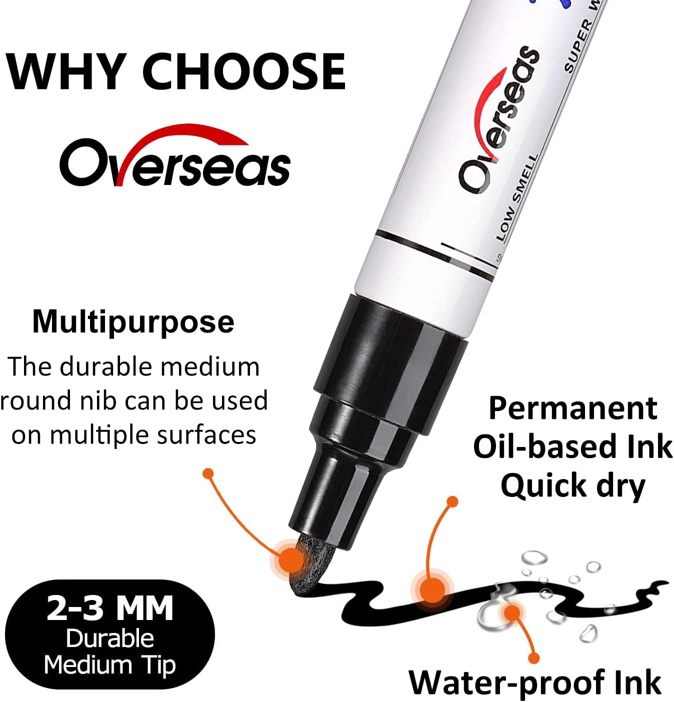 Overseas White and Black Paint Pens, 6 Pack Oil Based Permanent Markers - Medium Tip, Quick Dry and Waterproof Paint Markers for Rock, Wood, Metal, Plastic, Canvas, Glass, Ceramics, Rubber, Stone