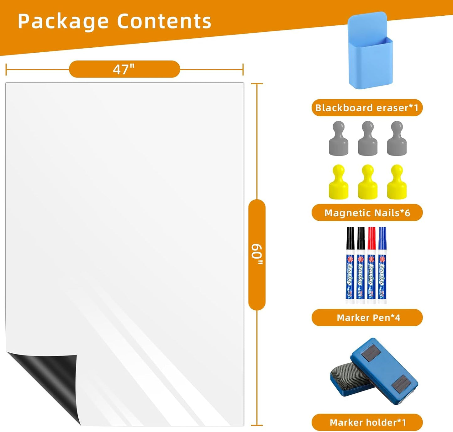 Magnetic Whiteboard Contact Paper, 47" x 60" Stick on Magnetic Dry Erase White Board Sticker on Wall, Easy to Write for Drawing, School, Office, Kitchen Fridge