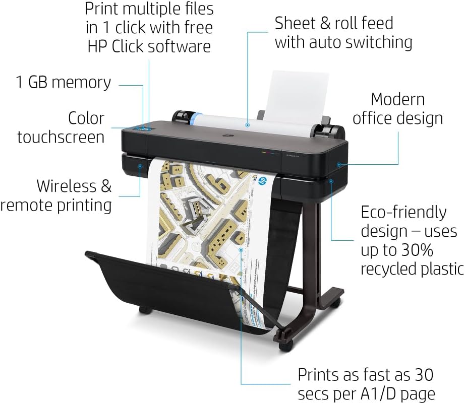 HP DesignJet T630 Large Format 24-inch Plotter Printer, with Auto Sheet Feeder, Media Bin & Stand (5HB09D) - New Model