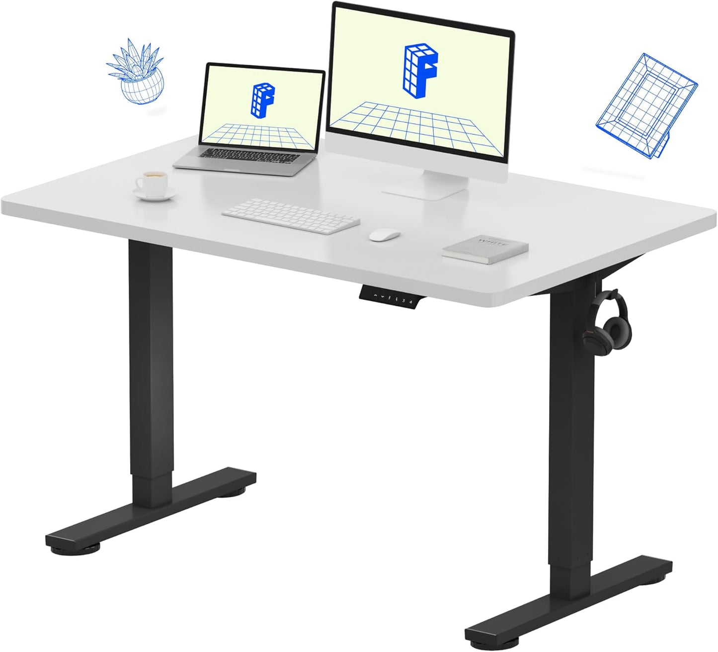 FLEXISPOT EN1 Whole-Piece Standing Desk - 48 x 30 Inches, Electric Height Adjustable, Heavy Duty Steel Frame with Automatic Smart Keypad (Black Frame + White Top, 2 Packages)