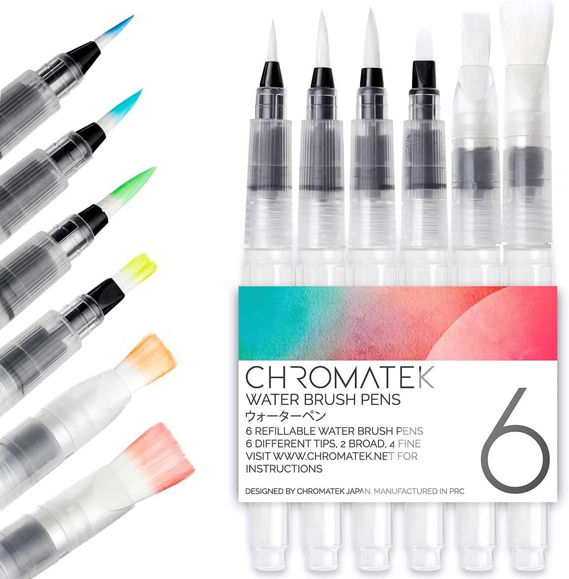 Chromatek AquaPens. Set of 6 Refillable Aqua Watercolor Brushes with Nylon Tips. Easy Water Brush Pens for Painting. Blending & Calligraphy. Includes Online Video Tutorials & Templates